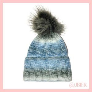 Adrienne Landau Knit Beanie with Faux Fur Pom in Blue